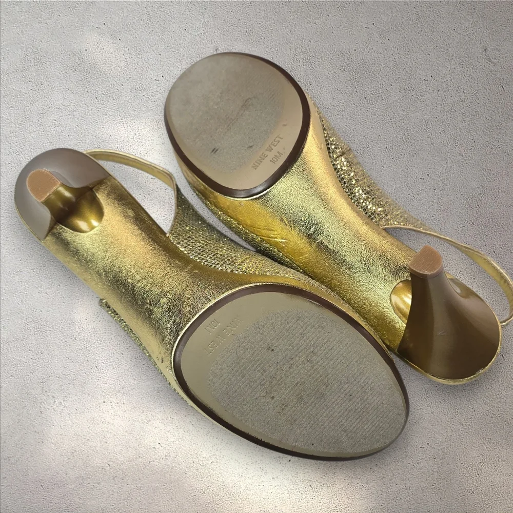 Nine West Gold‎ Metallic Glitter Slingback Heels Size 10